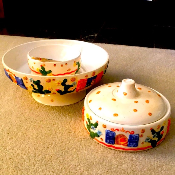 Southwest 6-Piece Glazed Ceramic Chip & Dip Large Serving Set - Picture 3 of 17